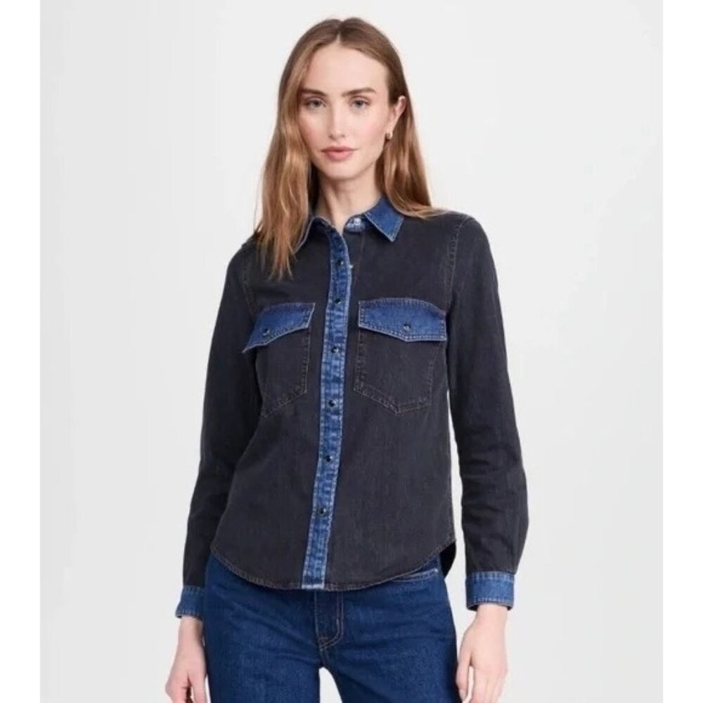 Veronica Beard Noah Color Block Denim Pearl Snap Shirt Womens Size 0